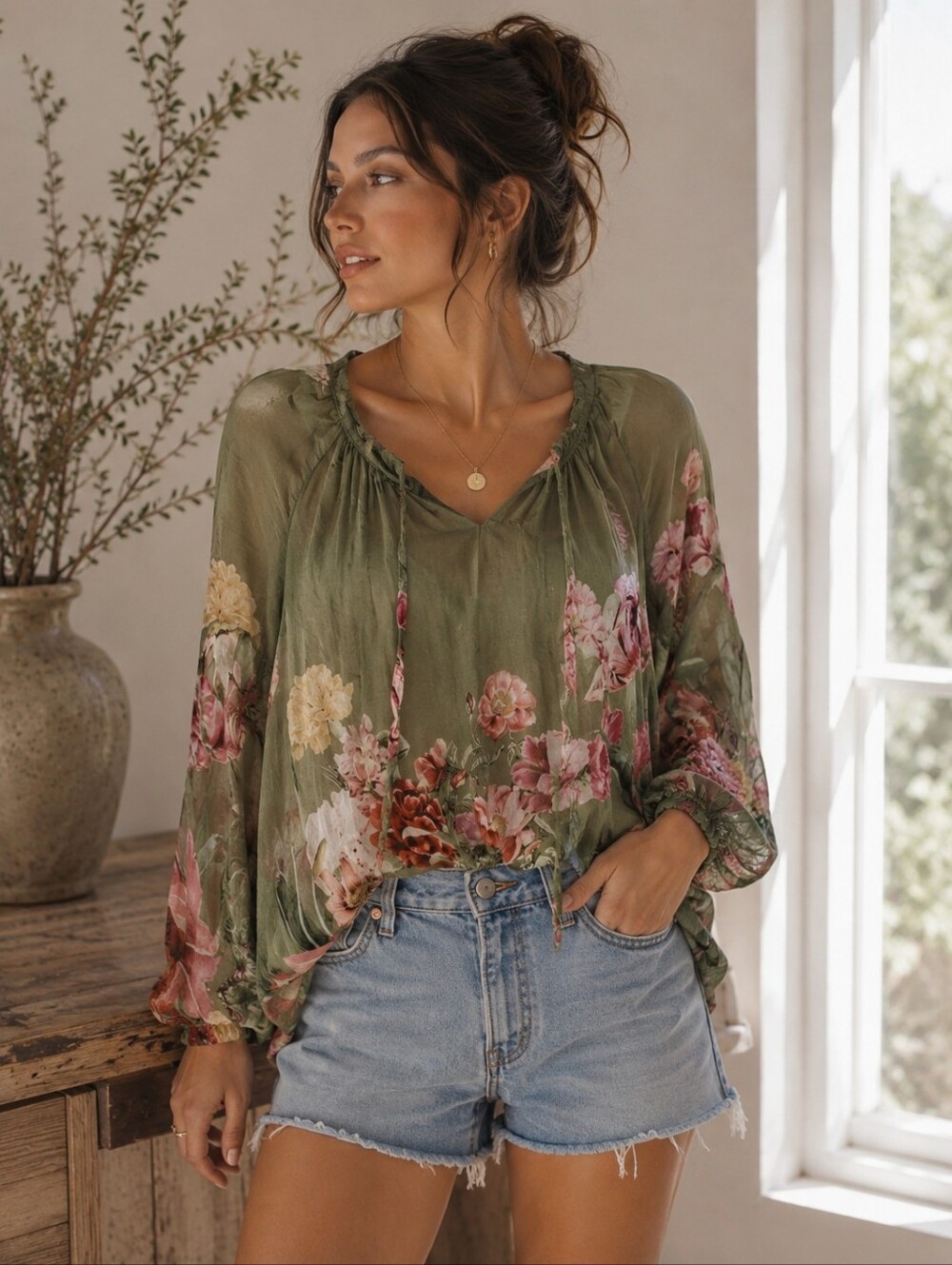 Viola Borghi Olive Green Floral Peasant Blouse - Women Tops
